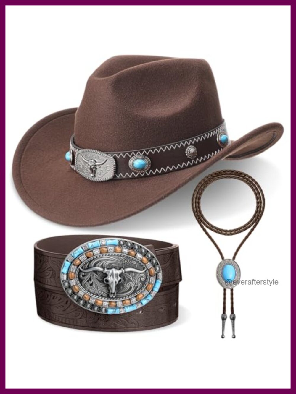 Western Cowboy Hat Set Felt Leather Turquoise Necklace Belt 3 Pc